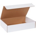 An open MH-USA 17 1/8 x 11 1/8 x 4 White Literature Mailer with a brown interior and hinged lid is positioned at an angle, showcasing its spacious empty interior perfect for storage or packaging.