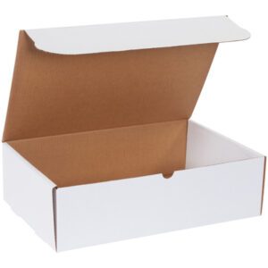 A partially open MH-USA 17 1/8 x 11 1/8 x 5 White Literature Mailer, with a white exterior and brown interior, is angled to reveal its rectangular shape.