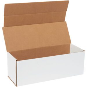 The MH-USA 17 x 6 x 6 white corrugated mailer with a brown interior stands open, its flaps extended upwards to reveal the empty interior. Rectangular and pristine, it rests against a white background, ready for versatile packaging needs.