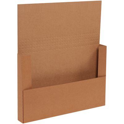 M18122BFK.jpg The 18 x 12 x 2 Kraft Easy-Fold Mailers (50/Bundle) have expandable sides and a flap, designed for secure document storage. They stand upright on a white background, combining function and style in a practical package.