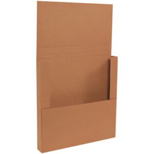 The 18 x 18 x 2 Kraft Easy-Fold Mailer (50/Bundle) stands upright against a plain white background, showcasing its brown corrugated design with an open flap and scored fold lines for secure document shipping or storage.
