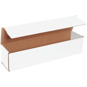 The MH-USA 18 x 4 x 4 White Corrugated Mailers (50/Bundle) feature a long, rectangular design with a white exterior and brown interior, perfect for securely packaging items.