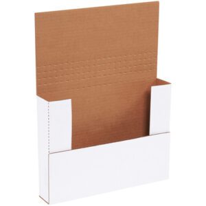 The MH-USA 11 1/8 x 8 5/8 x 2 white easy-fold mailers come with an open top and adjustable, tall brown perforated back panel. The sides fold upward, ideal for flat-pack design. Sold in bundles of 50 for convenient packaging solutions.