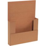 The image shows an 11 1/8 x 8 5/8 x 2 brown corrugated Kraft mailbox with a flap closure, ideal for shipping or storage. These sturdy Easy-Fold Mailers are convenient, arriving in bundles of 50.
