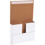 The MH-USA 11 1/8 x 8 5/8 x 2 White Deluxe Easy-Fold Mailers (25/Bundle) have a white exterior, brown interior, and feature a top flap with perforations and adhesive strips for secure closure, providing seamless folding.