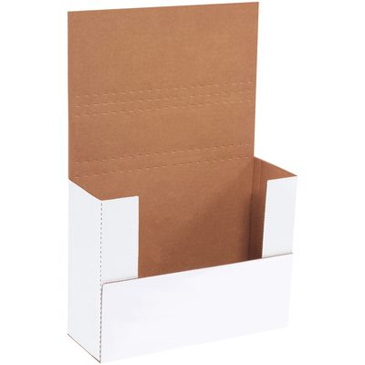 M1BKXL.jpg The MH-USA 11 1/8 x 8 5/8 x 4 White Easy-Fold Mailers feature a brown interior, tall upright sides, and an open top and back, ideal for displaying or dispensing products. They come in bundles of 50 for efficient use.