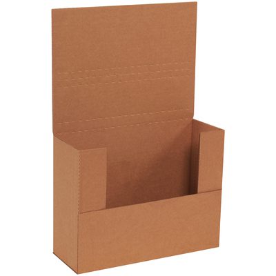 M1BKXLK.jpg A brown 11 1/8 x 8 5/8 x 4 cardboard display box with an open top and back flap, perfect for showcasing products. Its simple design suits retail or office settings, offering practicality comparable to Kraft Easy-Fold Mailers (50/Bundle).