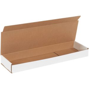 The MH-USA 21 x 6 x 2 White Corrugated Mailers (50/Bundle) features a spacious interior, ideal for accommodating long thin items, with a white exterior and a brown interior. The flap is upright to reveal its generous capacity.