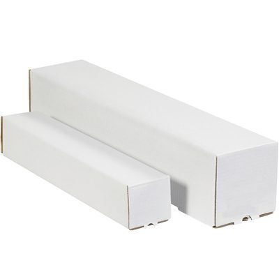 M2237.jpg Two rectangular white cardboard boxes of different sizes are placed side by side on a plain background, with the smaller in front of the larger one, both oriented horizontally like MH-USA 2 x 2 x 37 White Square Mailing Tubes (50/Bundle) neatly stacked together.