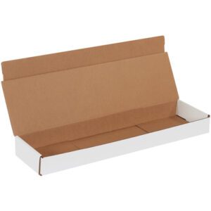 An open MH-USA 22 x 6 x 2 white corrugated mailer reveals its brown interior, sitting empty against a white background. This mailer is part of a bundle of 50.