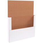 The MH-USA magazine file holder, made from durable white cardboard with an open top and front and brown backing insert, is ideal for vertical organization of documents or magazines, similar to their 24 x 18 x 2 White Easy-Fold Mailers (50/Bundle) designed for efficient storage.