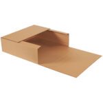 A flat, partially open 24 x 18 x 6 Kraft Jumbo Mailer from a bundle of 20 lies on a white background. Made from brown corrugated cardboard with an extended flap, it reveals a spacious interior ideal for mailing larger items.