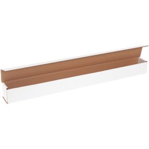 The MH-USA 24 x 2 x 2 white corrugated mailers, bundled in sets of 50, have a rectangular design with an open lid revealing a brown interior, making them perfect for securely packaging slender or elongated items.