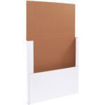 The MH-USA 24 x 24 x 2 White Easy-Fold Mailers partially open to reveal a brown interior, designed for packaging and shipping flat items securely with a flap. Sold in bundles of 20, they ensure efficient and stylish shipments.
