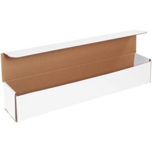 A sturdy MH-USA 24 x 4 x 4 White Corrugated Mailer, with a lid and brown corrugated interior, sits elegantly against a plain white background. The open design showcases its reliability for mailing needs. Comes in bundles of 50.