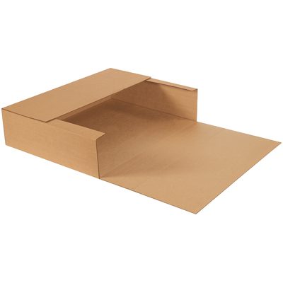 M26206.jpg A partially unfolded 26 x 20 x 6 Kraft Jumbo Mailer from a pack of 20 lies flat against a white background, revealing its sturdy brown corrugated material, flaps, and sides, ideal for reliable shipping and storage.