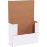 A display stand with tall back and shorter side/front panels, featuring white exteriors akin to the MH-USA Easy-Fold Mailers (12 1/8 x 9 1/8 x 4, Brown Interior, 50/Bundle), is designed for holding or showcasing items.