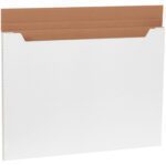 The MH-USA 30 x 22 1/2 x 1 White Jumbo Fold-Over Mailers (20/Bundle) have a white cardboard exterior and brown corrugated interior, designed for easy shipping of documents or flat items with a secure fold-over flap.