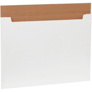 The MH-USA 30 x 22 1/2 x 1/4 White Jumbo Fold-Over Mailers come in bundles of 20 and feature a brown reinforced flap suitable for securely mailing documents or flat items, with the slightly open flap revealing a sturdy interior fold.