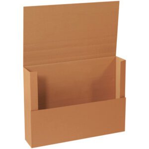 A freestanding, open 30 x 22 x 6 Kraft Jumbo Mailer from a 20/Bundle set is shown against a plain white background, highlighting its raised sides, flapped top, rectangular shape, and corrugated texture.