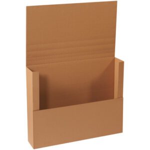 An open brown file box, similar to the 30 x 24 x 6 Kraft Jumbo Mailers (20/Bundle), has an extended back flap and side panels for upright document storage. The empty interior showcases its corrugated texture, ready for secure item storage.