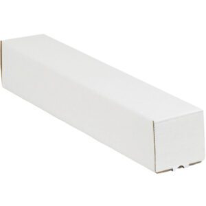 A long, rectangular white cardboard box resembling the MH-USA 3 x 3 x 18 White Square Mailing Tubes (25/Bundle) rests elegantly against a plain background, featuring a closed and minimalistic design.