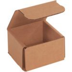 A brown 3 x 3 x 2 Kraft Corrugated Mailer, part of a 50/Bundle set, has its lid partly open, showing an empty interior. Its straight edges and utilitarian design make it perfect for efficient packaging and shipping.