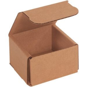 A brown 3 x 3 x 2 Kraft Corrugated Mailer, part of a 50/Bundle set, has its lid partly open, showing an empty interior. Its straight edges and utilitarian design make it perfect for efficient packaging and shipping.
