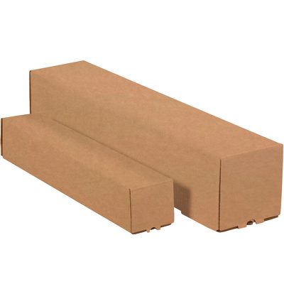 M3337K.jpg Two brown cardboard boxes, one large and one small, sit side by side against a plain white background. Next to them is a bundle of 3 x 3 x 37 Kraft Square Mailing Tubes (25/Bundle), enhancing the minimalist look. The boxes are unmarked and closed.