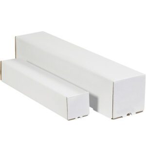 Two differently sized rectangular white boxes rest side by side against a simple background, reminiscent of the elegant design of MH-USA 3 x 3 x 48 White Square Mailing Tubes (25/Bundle), featuring clean, closed, and taped ends.