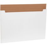 The MH-USA 36 x 24 x 1 White Jumbo Fold-Over Mailer features a tabbed closure with a brown interior for securely mailing documents or flat items, and is sold in bundles of 20.