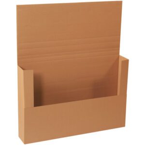 A brown, flat cardboard magazine holder with an open top and pocket resembles the 36 x 24 x 6 Kraft Jumbo Mailers smooth surface, perfect for neatly storing or displaying magazines or documents while showing visible corrugated lines.