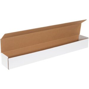 Against a plain white backdrop, an MH-USA 36 1/4 x 4 7/8 x 4 white corrugated mailer with a brown interior stands open, its lid fully ajar to reveal the empty inside. The sleek design is perfect for secure packaging.