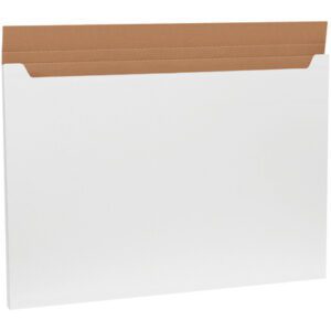 The MH-USA 38 x 26 x 1 White Jumbo Fold-Over Mailer, featuring a brown fold-over flap to protect documents during shipping, is sold in bundles of 20. This expandable cardboard folder is shown empty against a plain white background, ready for immediate use.