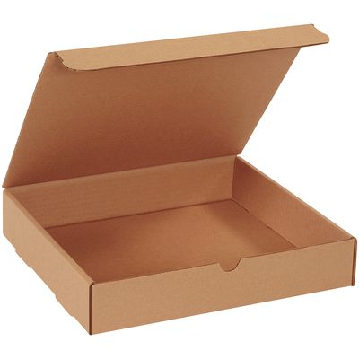 M3RBK.jpg An open 11 3/4 x 10 3/4 x 2 1/4 Kraft Literature Mailer with a hinged lid reveals its simple interior, the brown cardboard contrasting a plain white background, emphasizing practical elegance. Available in bundles of 50.