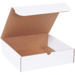 An MH-USA 12 x 11 3/4 x 3 1/4 white literature mailer with a brown interior and partially lifted lid rests on a plain background.