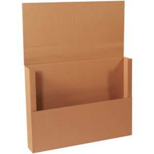 A durable open cardboard box, 40 x 30 x 6, with extended flaps, stands upright for packaging or storage. The Kraft Jumbo Mailer comes in bundles of 20, providing versatile and reliable mailing solutions.