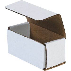 Positioned at an angle with the top flap open, the MH-USA 4 x 2 x 2 white corrugated mailer displays its brown interior, highlighting its sturdy rectangular design. Its part of a bundle of 50 mailers.