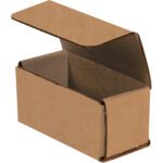 The image shows a small, open 4 x 2 x 2 Kraft Corrugated Mailer with a hinged lid angled upwards against a white background. Empty and versatile for mailing needs, these mailers come conveniently in bundles of 50.