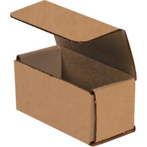 The image shows a small, open 4 x 2 x 2 Kraft Corrugated Mailer with a hinged lid angled upwards against a white background. Empty and versatile for mailing needs, these mailers come conveniently in bundles of 50.