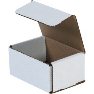 The MH-USA 4 x 3 x 2 White Corrugated Mailers (50/Bundle) showcase a compact open design with a white exterior and brown interior. The partially open lid highlights the durable corrugated construction, perfect for secure mailing.
