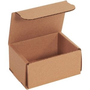 The 4 x 3 x 2 Kraft Corrugated Mailer (50/Bundle) is shown with its open hinged lid, revealing an empty inside. Positioned on a white background, the angled brown cardboard box emphasizes its robust and minimalist design.