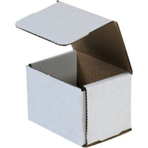A plain MH-USA 4 x 3 x 3 white corrugated mailer with a flip-top lid is displayed against a simple background, revealing its empty brown interior through the partially open lid. Sold in bundles of 50, this versatile packaging solution is perfect for various needs.