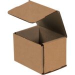A 4 x 3 x 3 Kraft Corrugated Mailer with one flap raised, empty and made from brown corrugated material, sits against a plain white background. Sold in bundles of 50 for convenience.