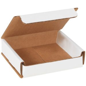 The MH-USA 4 x 4 x 1 white corrugated mailer, with a brown interior and hinged lid, is ideal for small items. Sold in bundles of 50, its rectangular shape and side flaps make it perfect for packaging and shipping requirements.