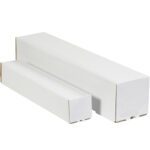 Two white rectangular cardboard boxes of different sizes sit against a plain backdrop, with the larger one on the right and the smaller one on the left. Next to them is a bundle of 50 MH-USA 4 x 4 x 25 White Square Mailing Tubes.