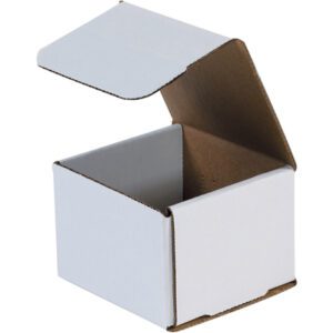 An MH-USA 4 x 4 x 3 white corrugated mailer from a 50/bundle set shows its plain brown interior with an open hinged lid, resting against a white background.