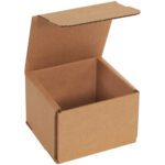 An open 4 x 4 x 3 Kraft Corrugated Mailer from the 50/Bundle pack sits ready with its lid partially folded back. The sturdy new box is perfect for packaging or storage tasks, offering a reliable solution for all your shipping needs.