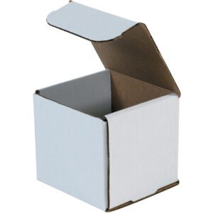 An open MH-USA 4 x 4 x 4 White Corrugated Mailer, part of a 50-piece bundle, stands on a plain white background showing its spacious interior and hinged lid. The box features a white exterior and brown interior.