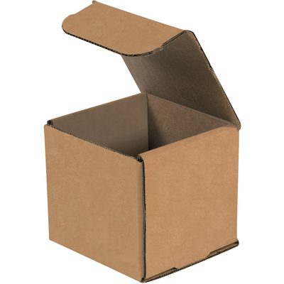 M444K.jpg A 4 x 4 x 4 Kraft Corrugated Mailer with a hinged lid stands on a white background, showcasing its brown corrugated material. This empty box is included in the 50/Bundle set of Kraft Corrugated Mailers.